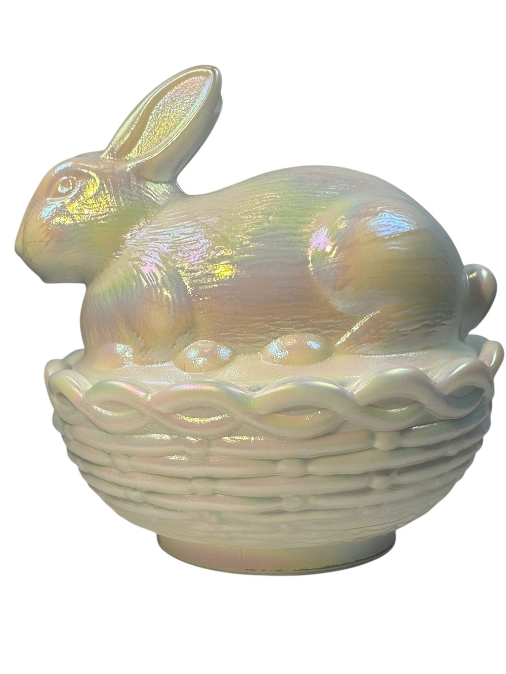 Mosser Bunny On A Basket Rabbit Nest White Carnival Glass Covered Dish New